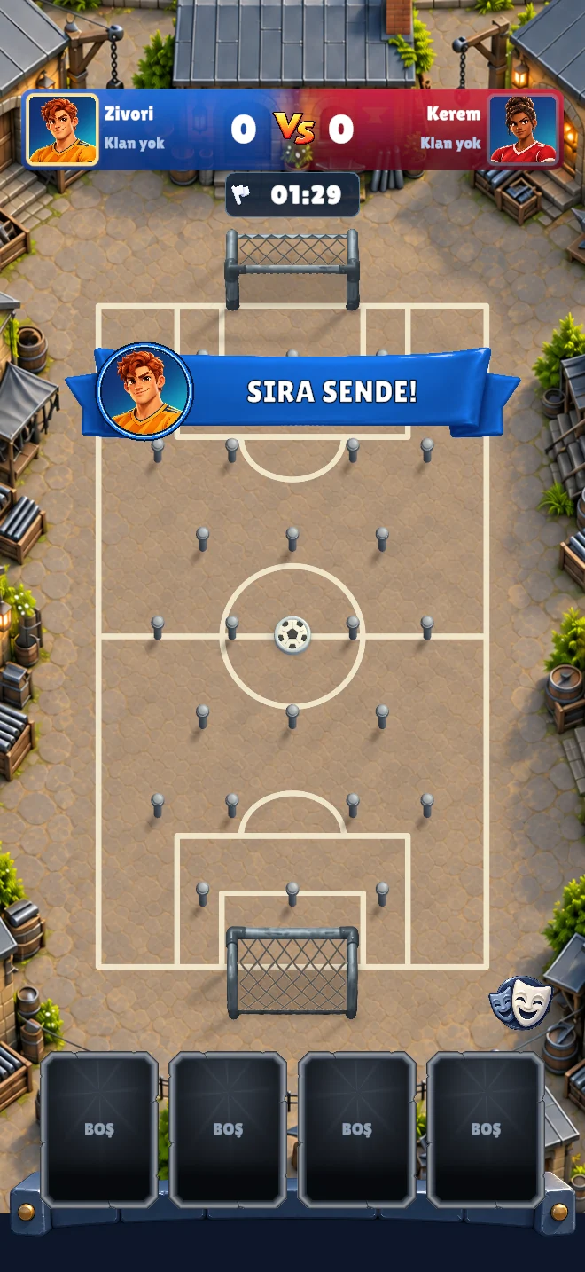 Gerçek Nailball oyun ekranı: sıra sende, çivili saha ve dört kart yuvası